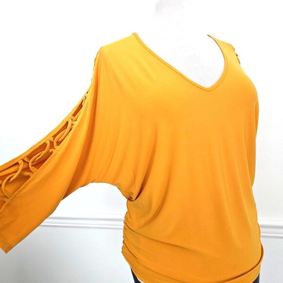 Yellow Shirt Blouse Womens LARGE 3/4 Length Lattice Sleeve - Picture 2 of 6